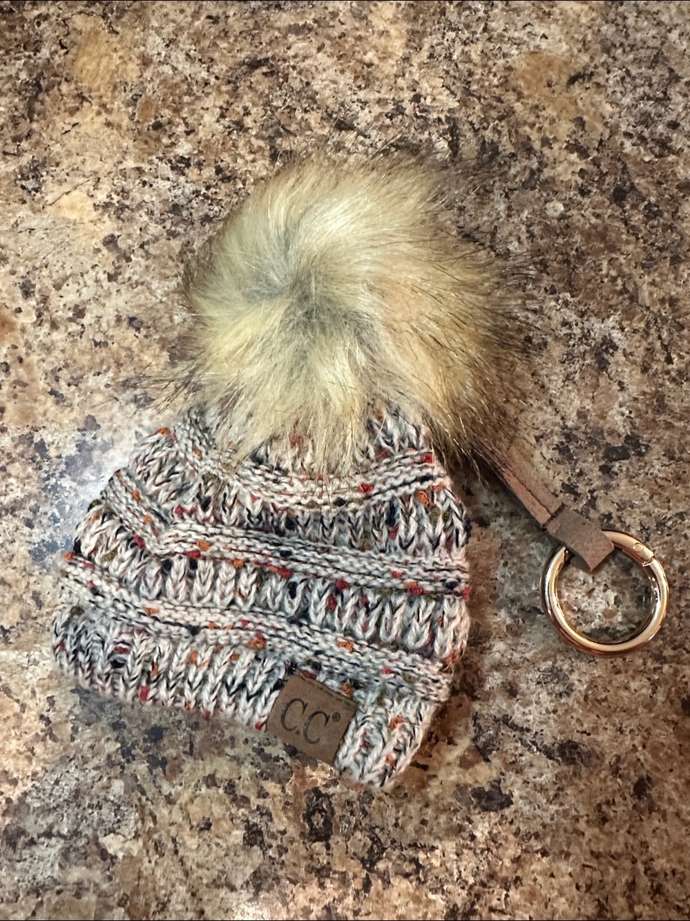 CC Knit Oatmeal Beanie with Pom Pom keychain or doll beanie
